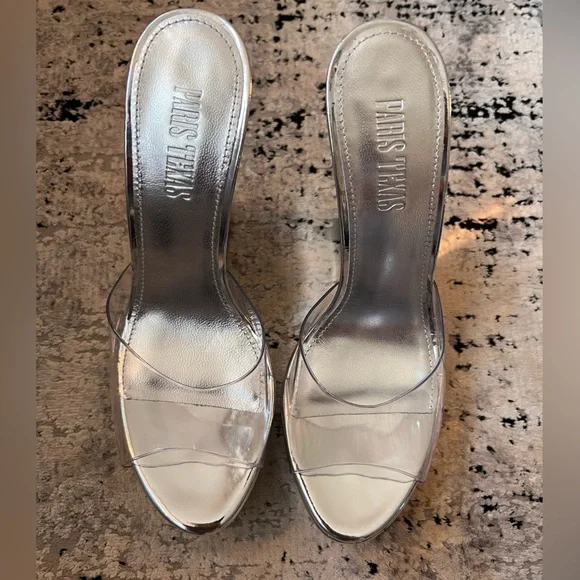 Paris Texas Lidia Metallic Leather Mules  Silver Cinderella Wedge - Picture 5 of 6